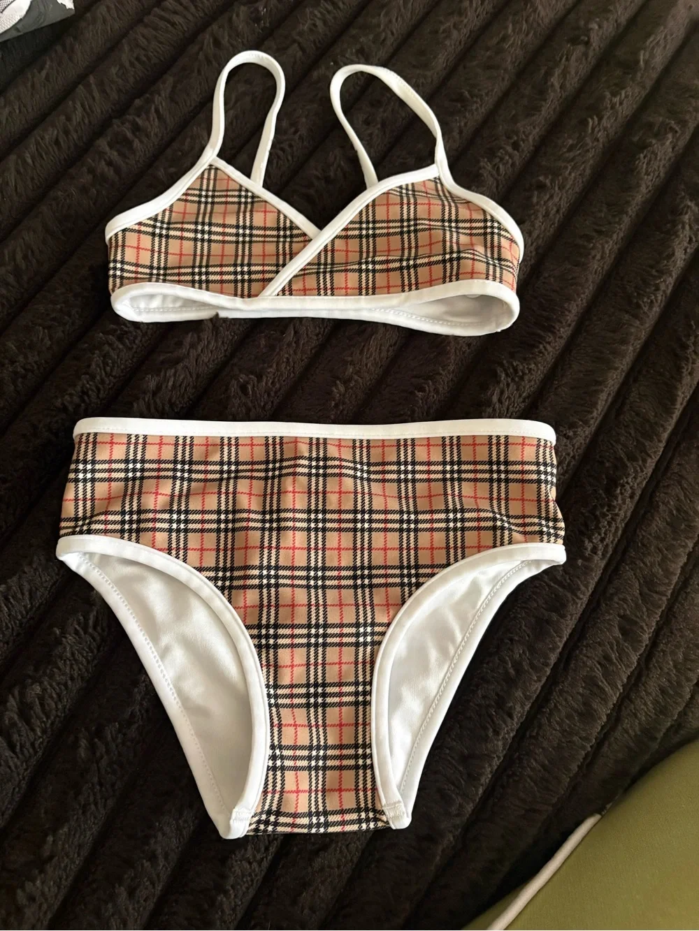 Burberry Tan Plaid Girls Two-Piece Swim Bikini with White Trim